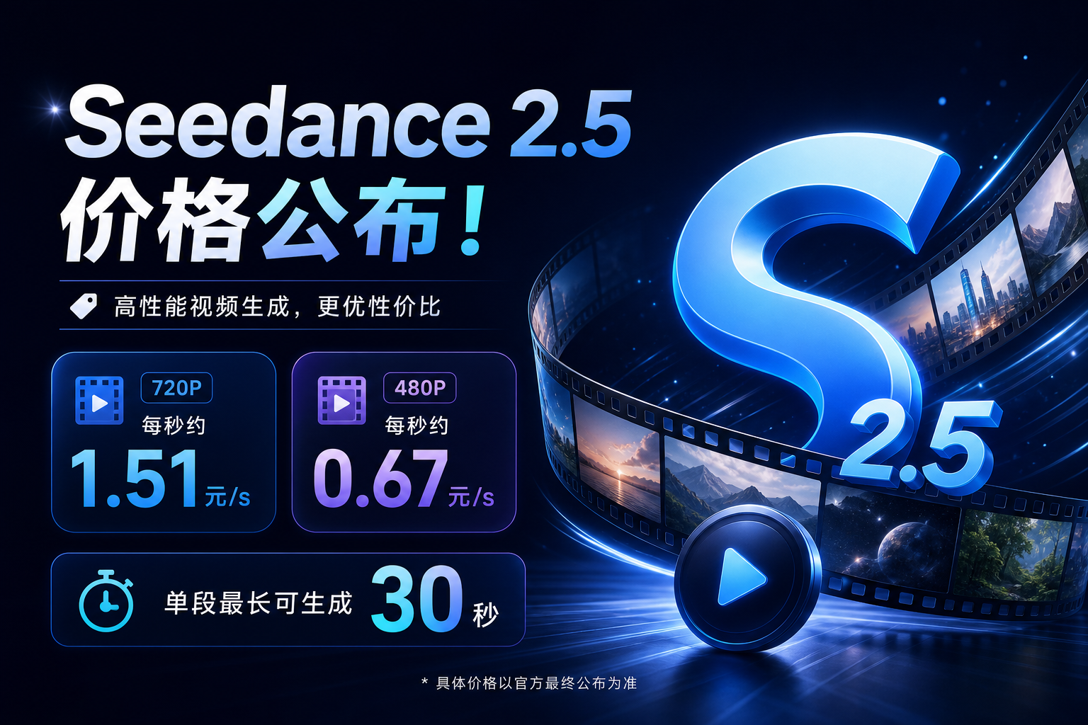 Seedance 2.5价格公布：720P每秒约1.51元，单段最长可生成30秒