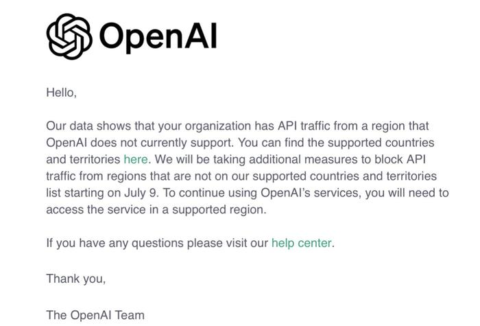 OpenAI宣布将停止向不支持国家提供API服务，影响全球开发者