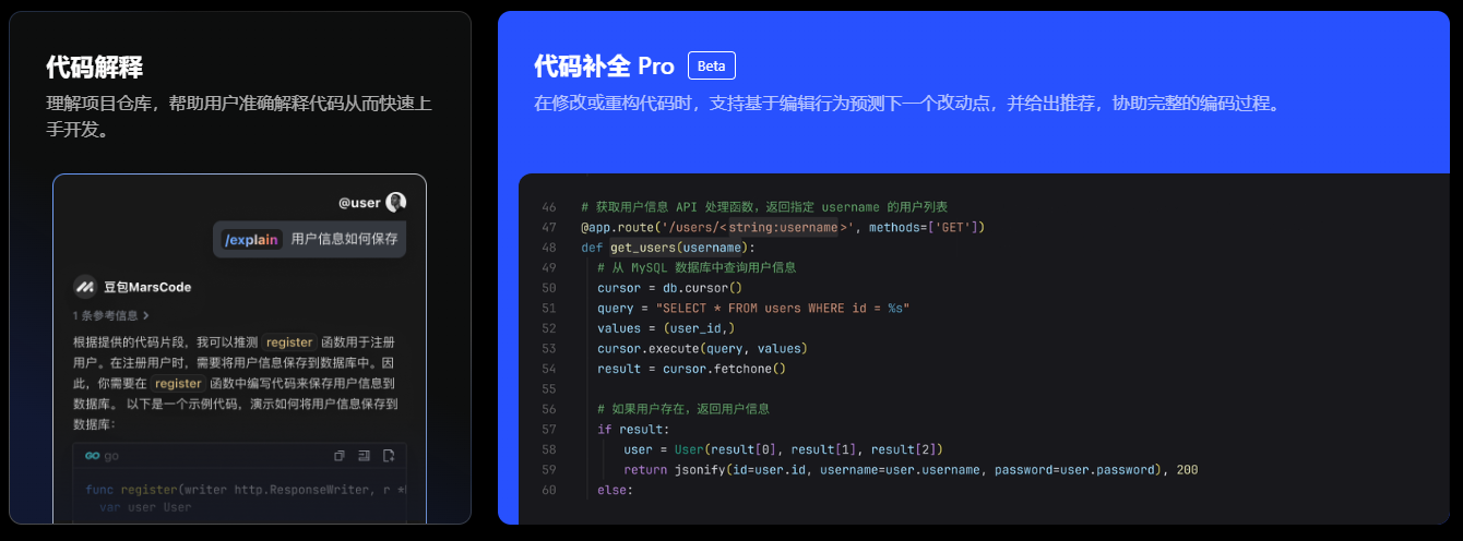 豆包 MarsCode AI 功能：代码解释，diam补全Pro
