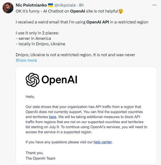 OpenAI目前未支持区域的API访问请求