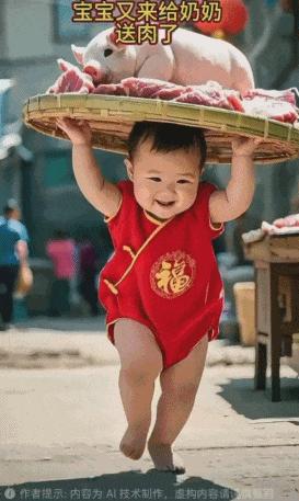 小孩拿着猪肉，AI图片