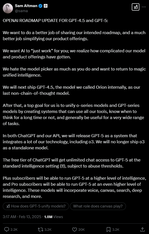 奥尔特曼公布了关于GPT-4.5和GPT-5的最新进展