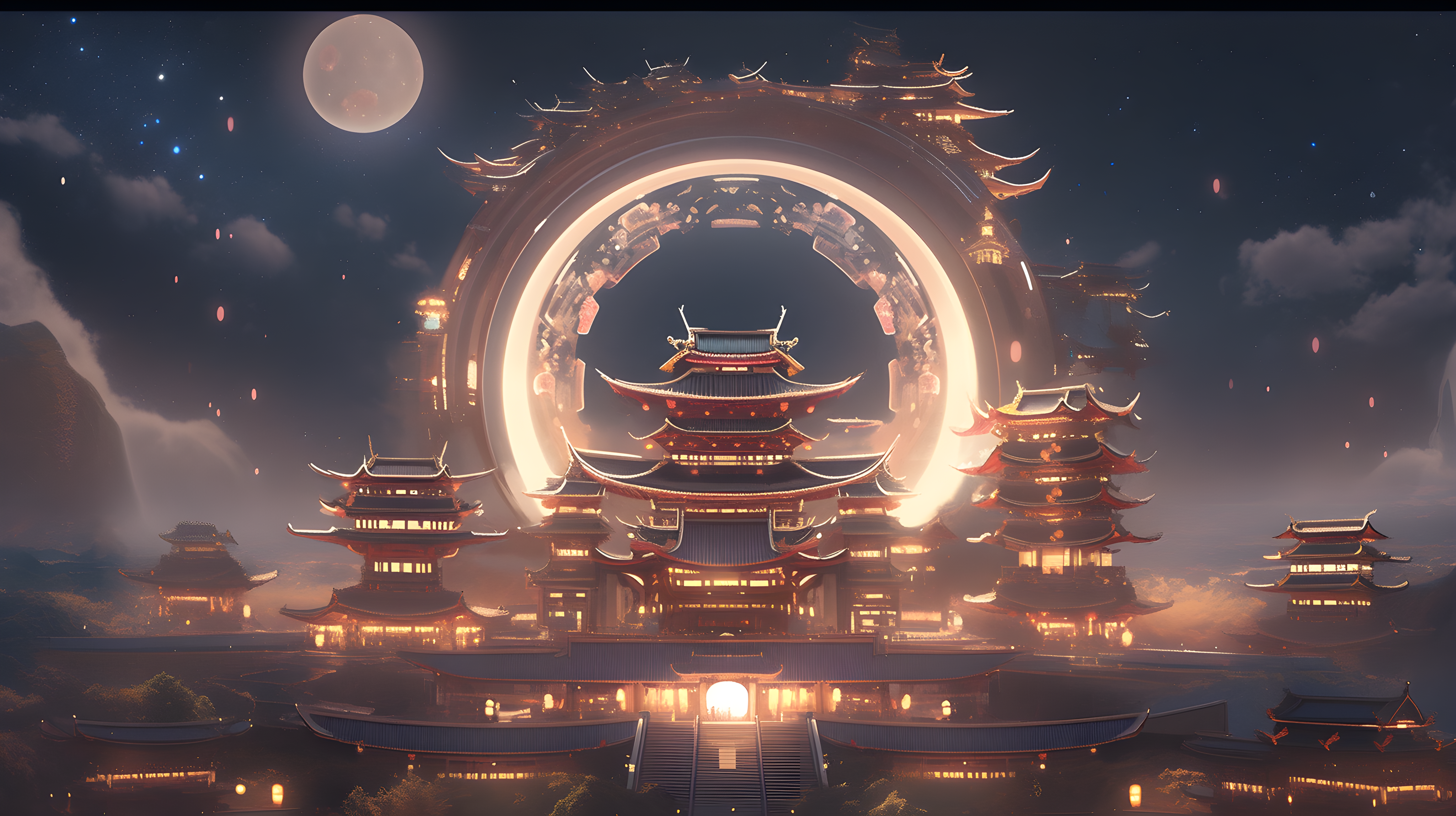 赛博朋克和唐朝宫殿结合的建筑