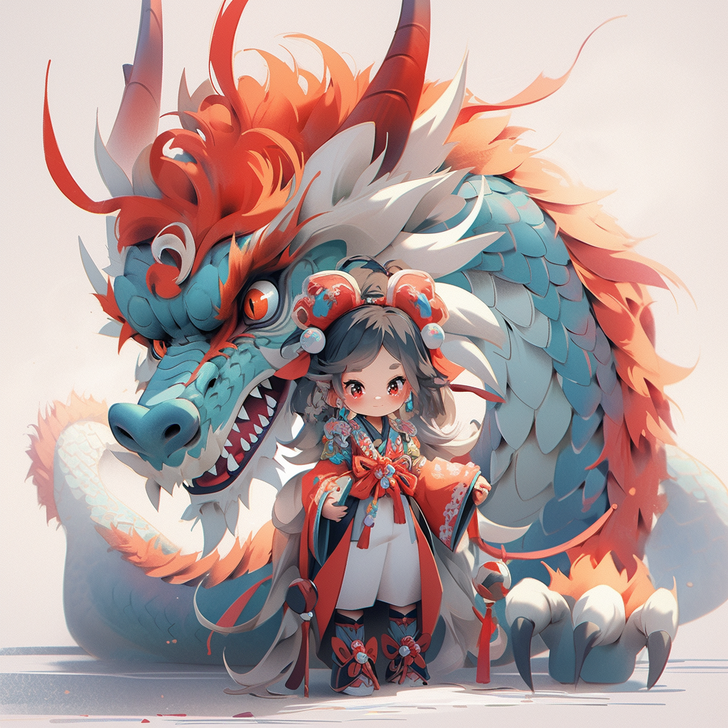 湖南苗族可爱小女孩和一条龙，形成了人物御龙帛画