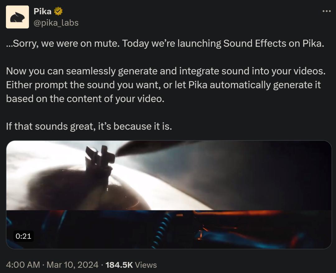 Pika推出AI配音工具Sound Effects