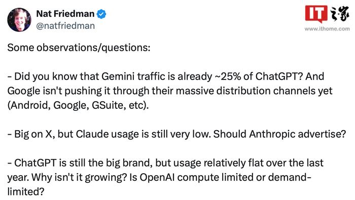 谷歌Gemini追赶ChatGPT，流量达对手四分之一