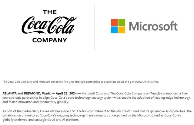 可口可乐公司与微软达成五年合作协议，将斥资11亿美元购买云计算和人工智能服务