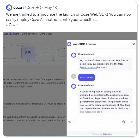 Coze上线Web SDK 可快速将机器人嵌入网页