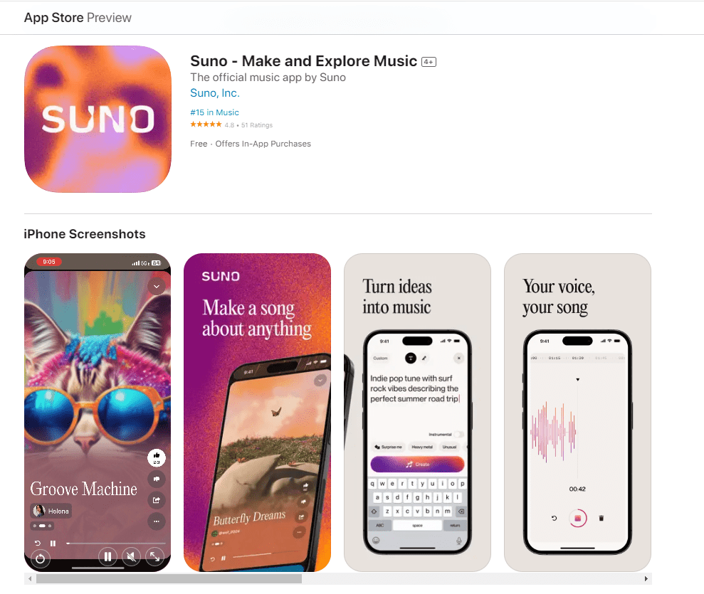 Suno音乐生成应用上架iOS平台，免费用户每天能生成10首歌曲