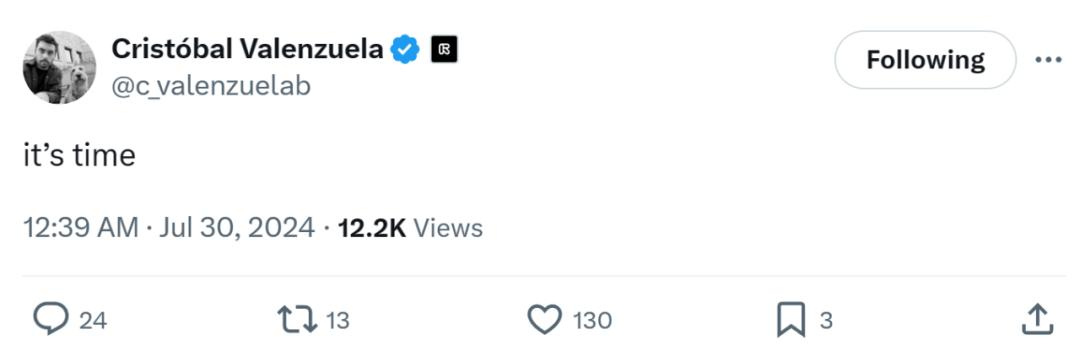 Runway的联合创始人兼CEO Cristóbal Valenzuela在推特上兴奋地宣布了这一消息