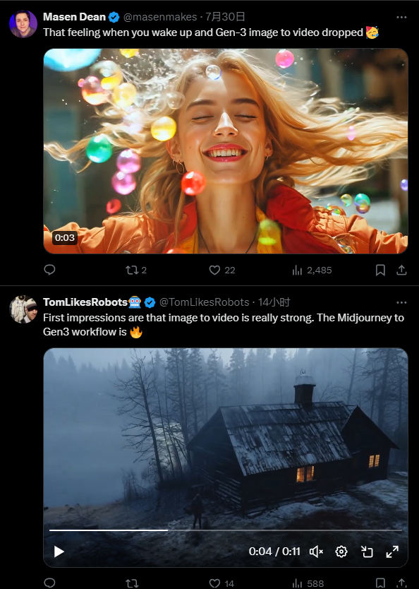 在社交媒体X上表示：“Runway在图生视频领域再次取得了卓越成就。”大家的热情和认可