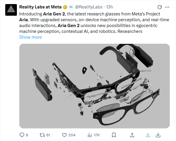 Meta发布超酷Aria Gen 2 AI眼镜