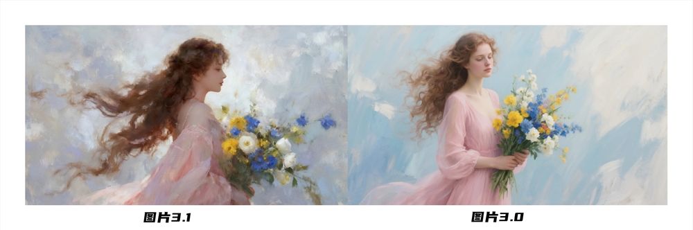 油画美女捧着一束鲜花