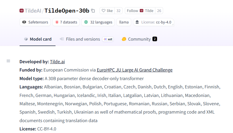 Tilde AI开源TildeOpen LLM