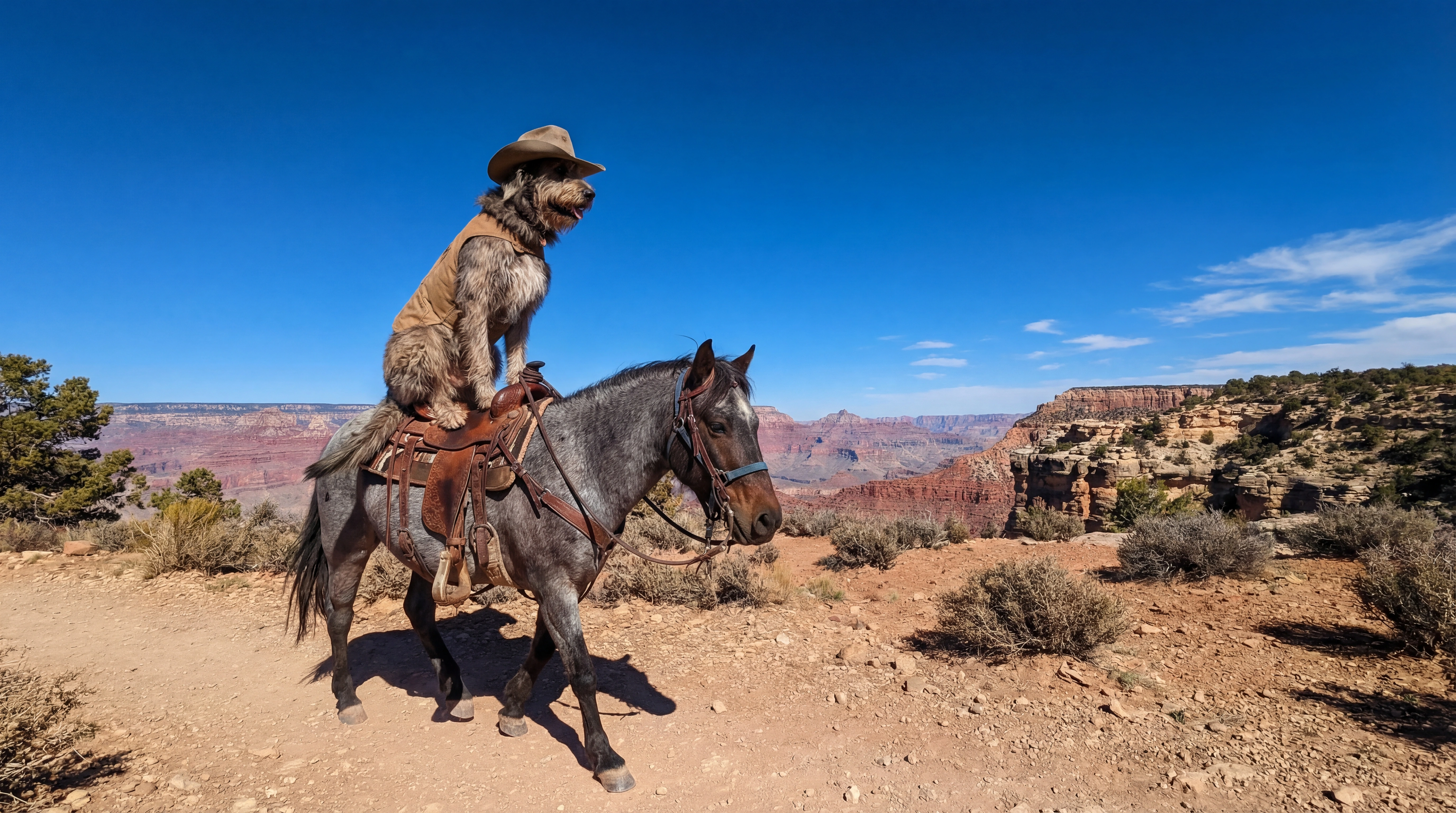 一只狗坐在驴子上