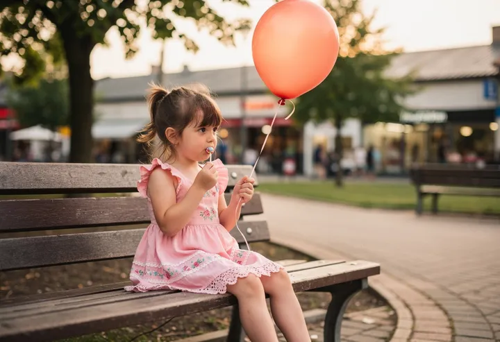 小女孩拿着气球吃棒棒糖