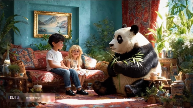 两个外国小朋友正和中国大熊猫聊天