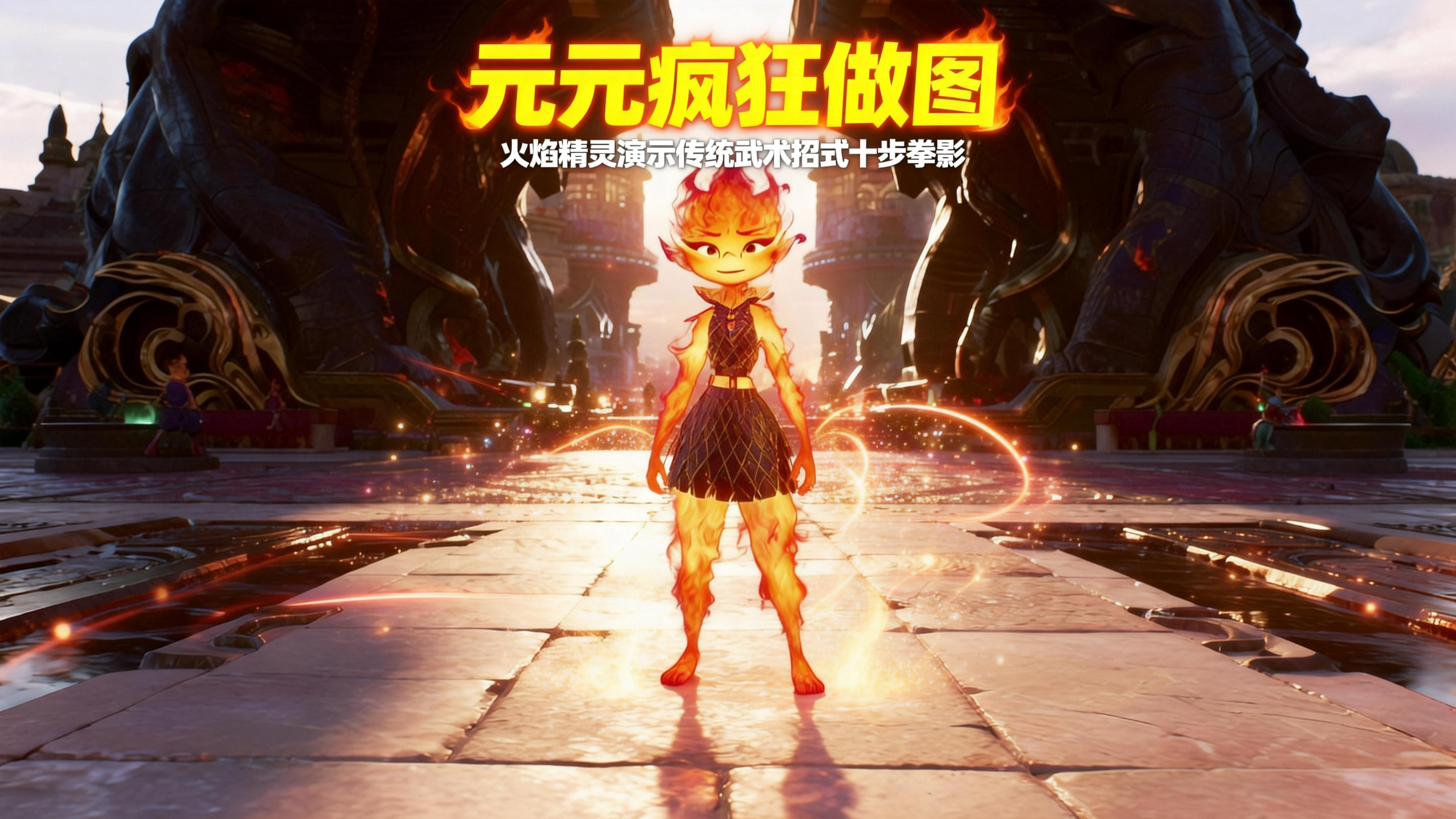 元元疯狂做图：火焰精灵演示传统武术招式十步拳影