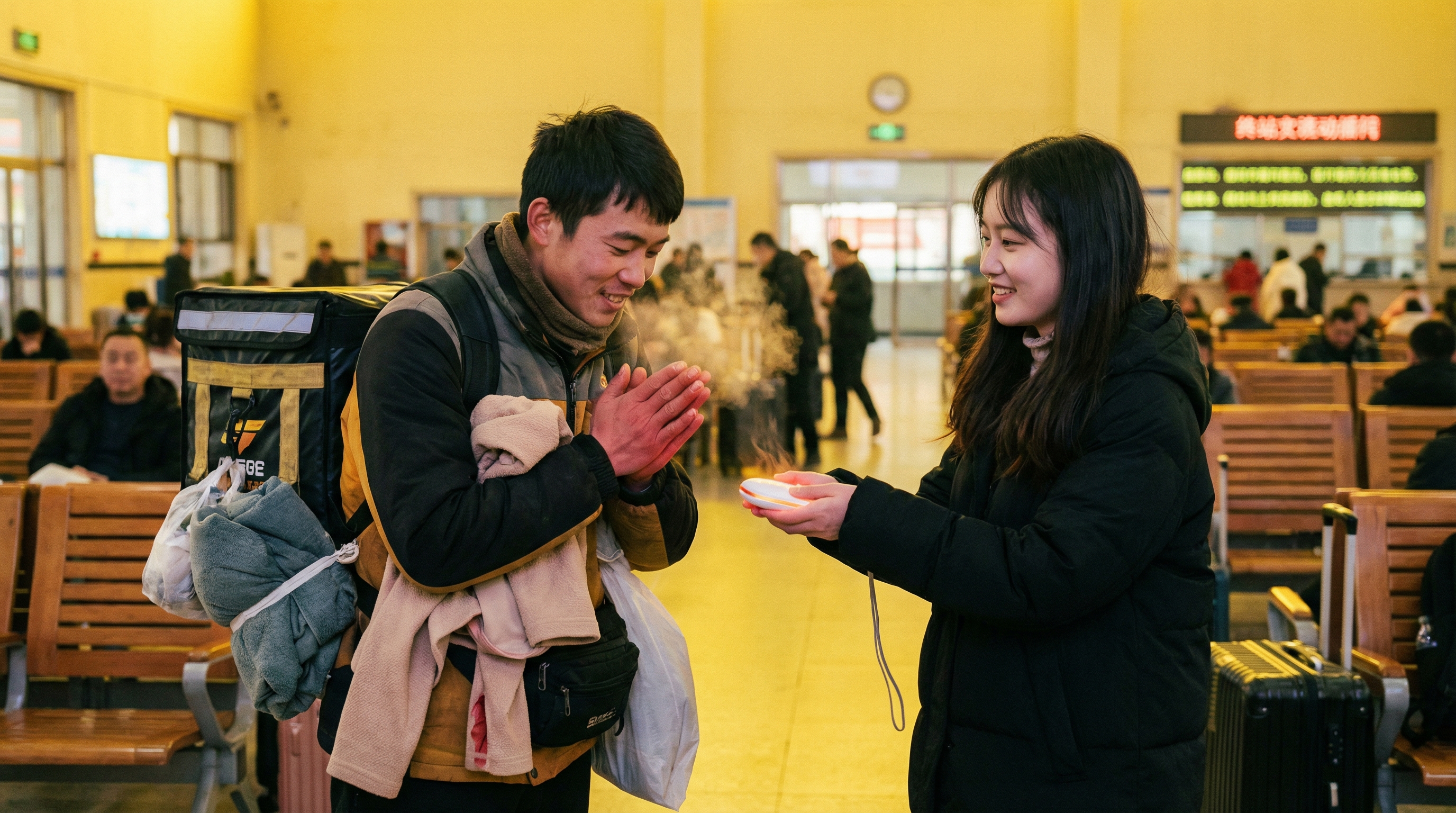 候车室的共享暖手宝