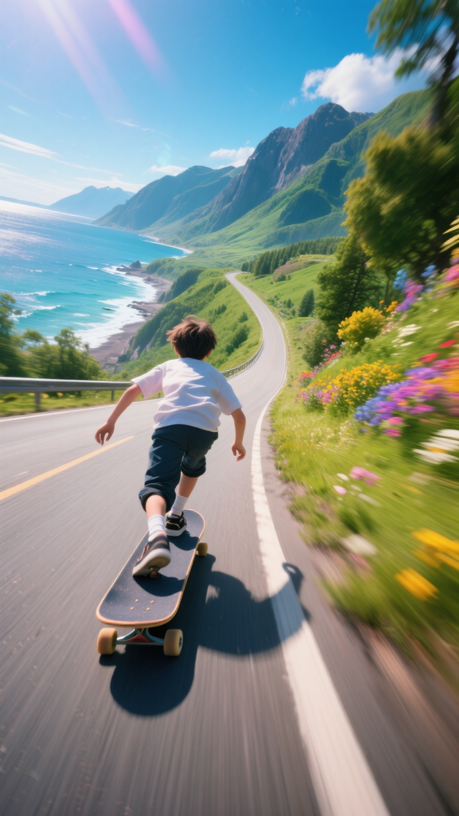 少年在公路上滑滑板