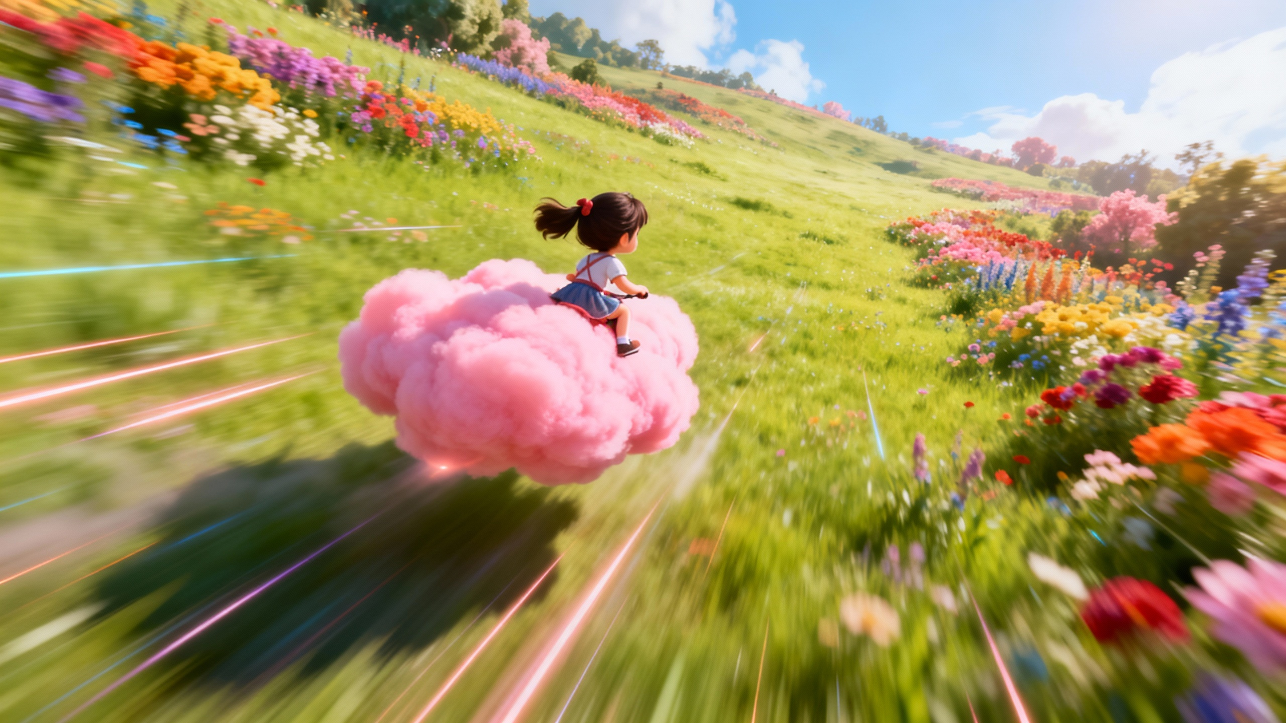 少女骑着云朵在草原游玩