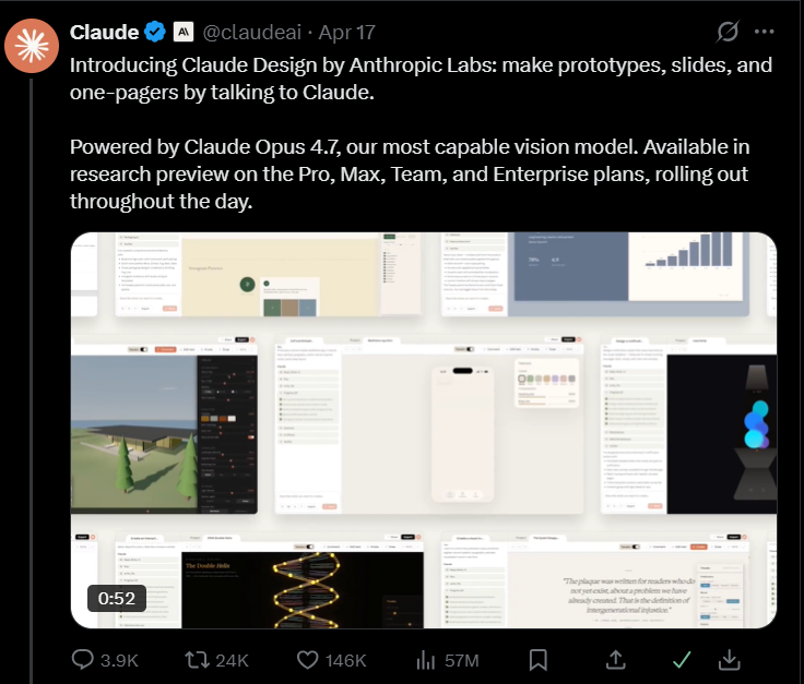 Claude推出Claude Design：说句话就能生成交互原型，一键打包给Claude Code开发