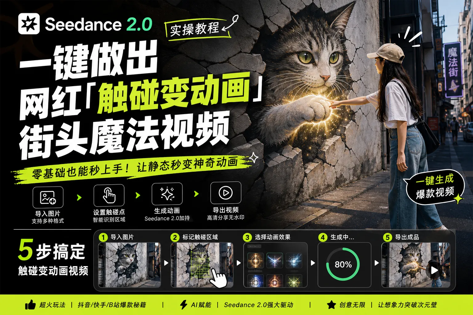 Seedance 2.0实操教程！一键做出网红「触碰变动画」街头魔法视频