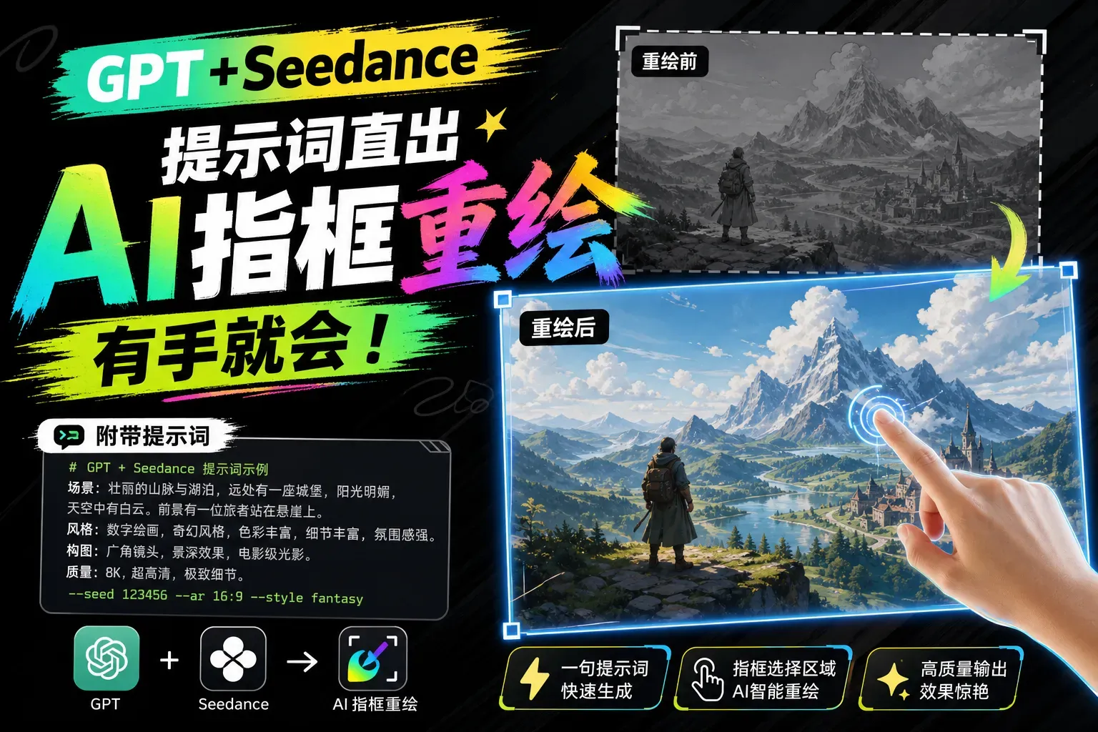 GPT+Seedance提示词直出“AI指框重绘”特效