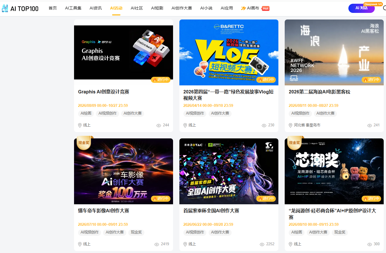 AITOP100平台2026年8月中旬AI大赛汇总：澳门国际动画电影节AIGC单元首次全球征稿