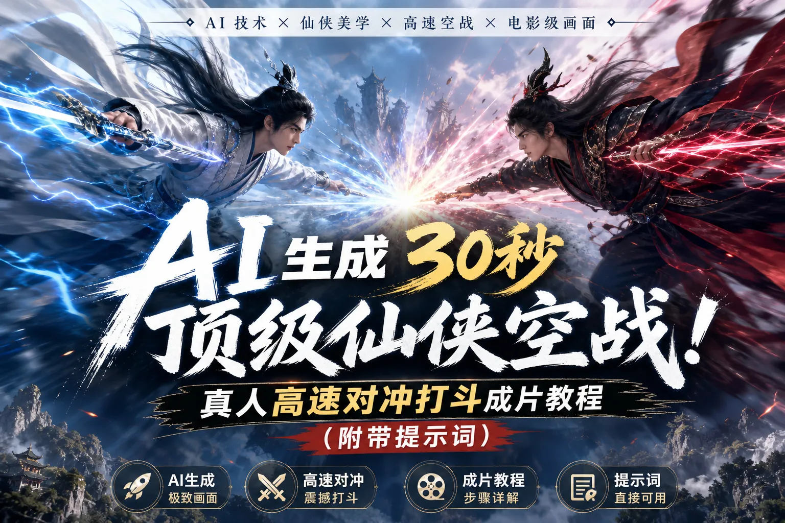 AI生成30秒顶级仙侠空战！真人高速对冲打斗成片教程（附带提示词）