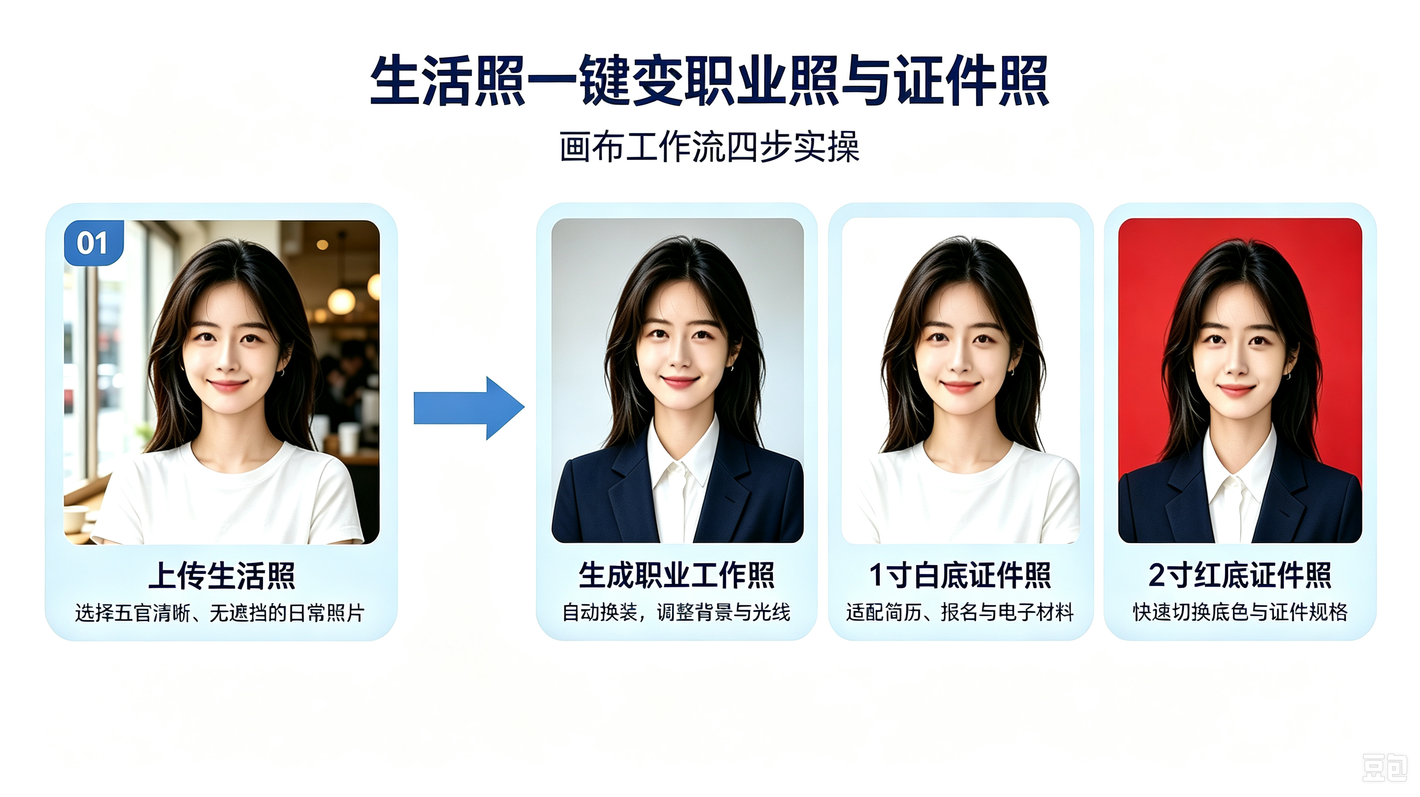 巧用画布工作流：普通生活照一键变身职业照、多规格证件照