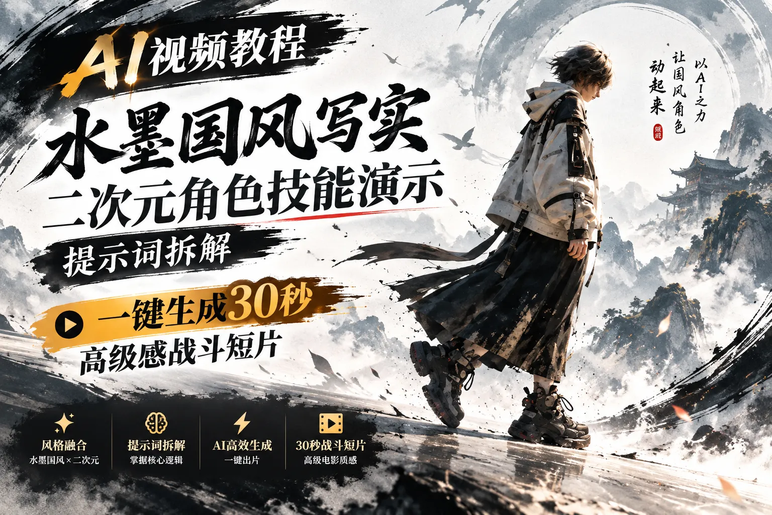 AI视频教程｜水墨国风写实二次元角色技能演示提示词拆解，一键生成30秒高级感动作短片