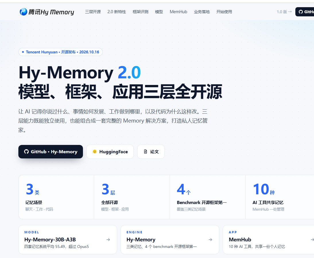 腾讯混元开源Hy Memory 2.0：三层能力一次放出，智能体记忆进入可拼装时代